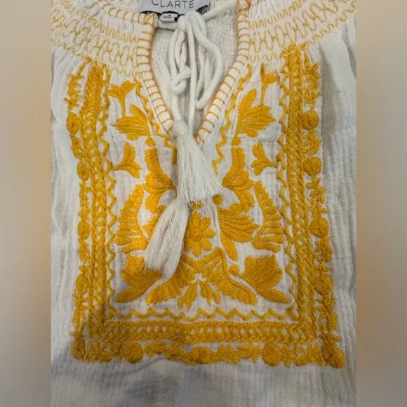White and Yellow Tie Front Embellished Blouse - Picture 6 of 8
